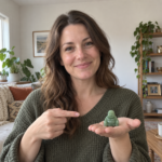 Woman holding a miniature green aventurine Laughing Buddha in natural home light