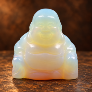 Closer detail of the same front view of the pale opalite Laughing Buddha