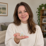 Woman holding a miniature pale opalite Laughing Buddha in natural home light