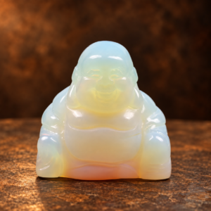 Front studio view of a miniature pale opalite Laughing Buddha