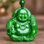 Green Laughing Buddha pendant, closer detail of the same front