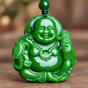 Green Laughing Buddha pendant, closer detail of the same front