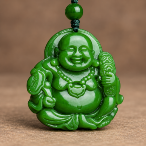 Green Laughing Buddha pendant with carved fan, front studio view