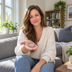 Woman holding the small silver-colour Budai bracelet in her open palm
