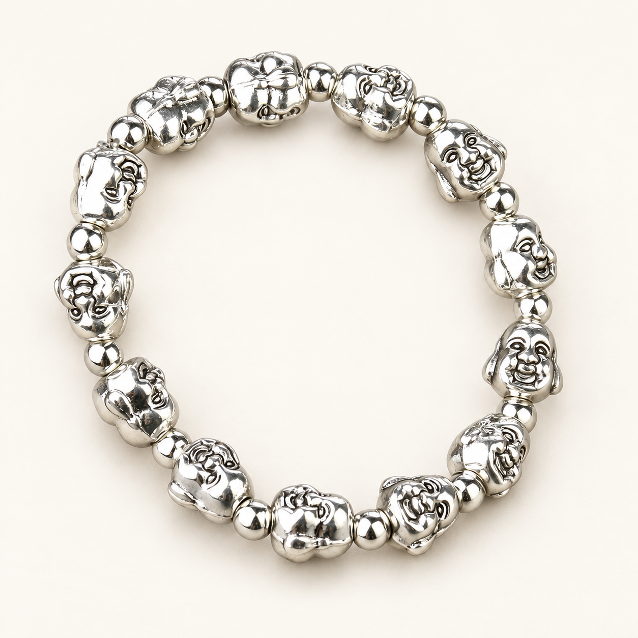 LBS-P057 Studio Front Studio view of the silver-colour Laughing Buddha face bead bracelet