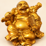 Same-front detail of the Laughing Buddha smile, leaf-shaped fan, sculpted hands and shoulder staff