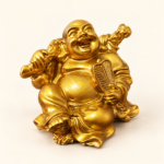 Front studio view of a miniature gold-colour resin Laughing Buddha holding a fan and shoulder staff