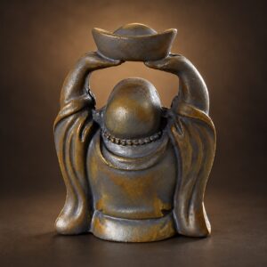 Rear studio view of the miniature resin Laughing Buddha on a charcoal-bronze backdrop