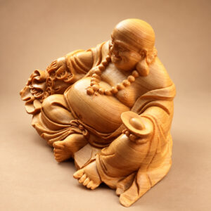 Wooden Laughing Buddha Statue with Ingot — Alternate studio view