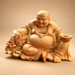 Wooden Laughing Buddha Statue with Ingot — Front studio view
