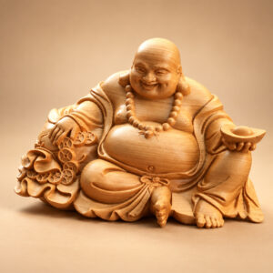 Wooden Laughing Buddha Statue with Ingot — Front studio view