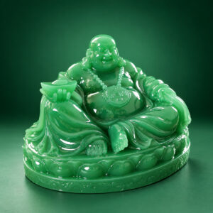 Green Laughing Buddha Statue with Bowl — Alternate studio view