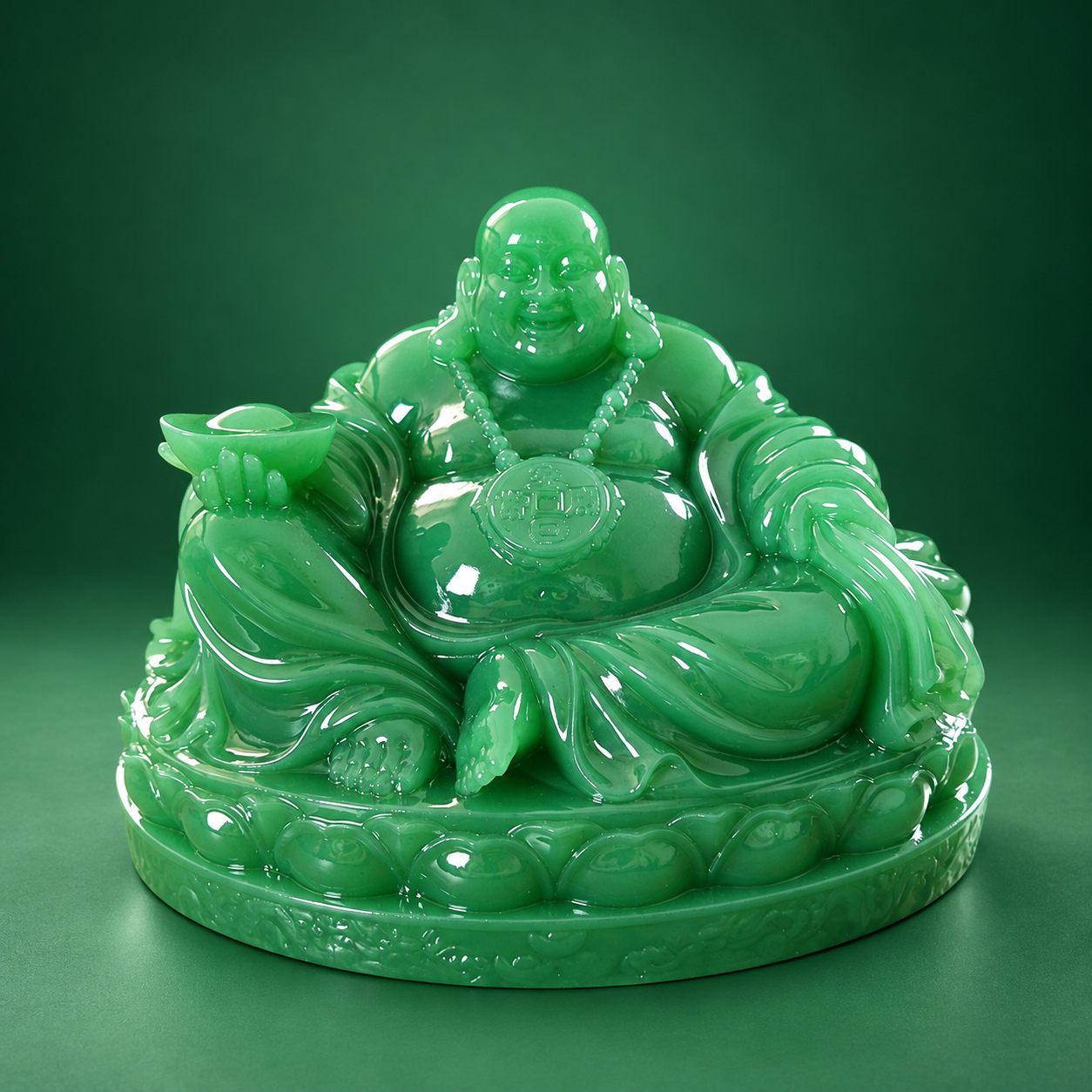 LBS-P008 — Front studio view Green Laughing Buddha Statue with Bowl — Front studio view