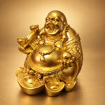 Gold Laughing Buddha Statue on Ingots — Alternate studio view