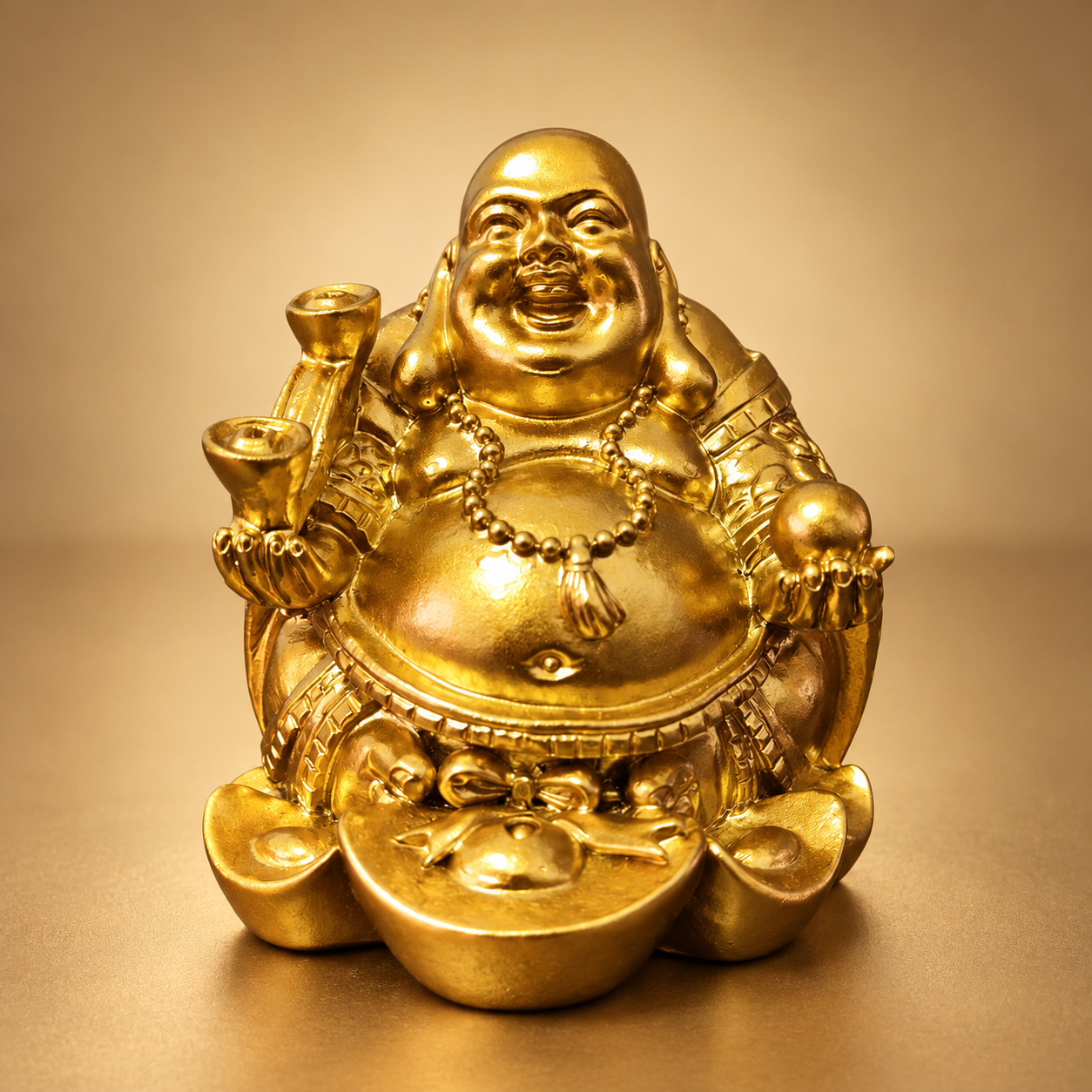 LBS-P010 — Front studio view Gold Laughing Buddha Statue on Ingots — Front studio view