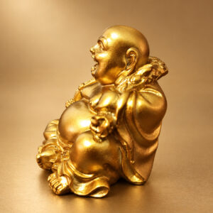 Mini Gold Laughing Buddha Statue with Money Bag — Alternate studio view