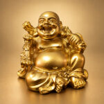 Mini Gold Laughing Buddha Statue with Money Bag — Front studio view