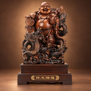 Laughing Buddha and Dragon Statue — Front studio view