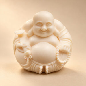 Front studio view of the white miniature Laughing Buddha statue